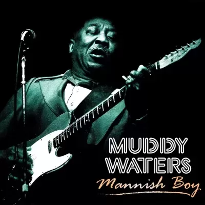 Capa de álbum com homem tocando guitarra e texto Muddy Waters Mannish Boy