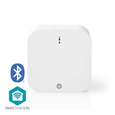 Dispositivo quadrado branco com indicadores LED e símbolos Bluetooth e Nedis SmartLife
