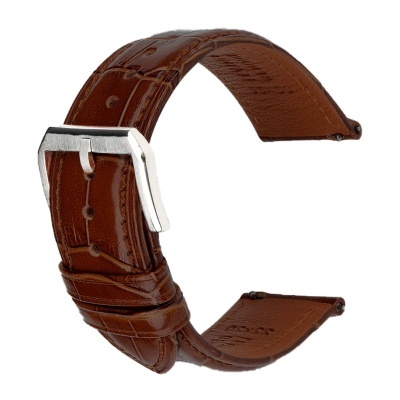 Pulseira de relógio em couro castanho com fivela prateada