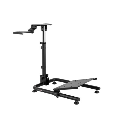 Suporte ajustável preto de metal para equipamento com base retangular e pedal inclinado