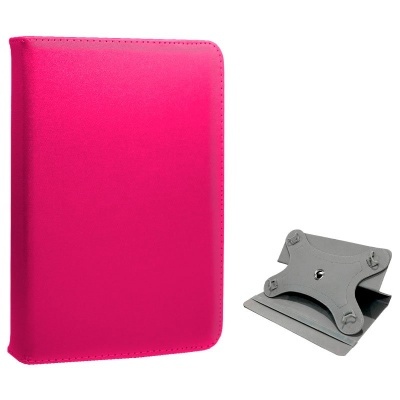 Capa rosa para tablet ou livro e suporte cinza ajustável para tablet.