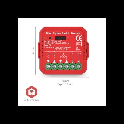 Módulo Mini Zigbee cortina vermelho com terminais verdes e texto branco