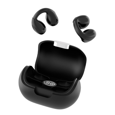 Auscultadores auriculares sem fios pretos com estojo de carregamento preto e visor digital.