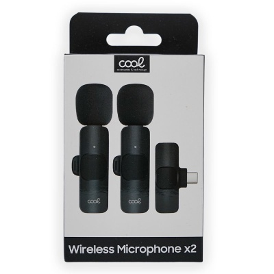 Embalagem de microfone sem fios com dois microfones e um receptor USB-C