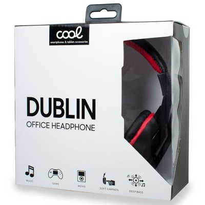 Caixa branca de auscultadores Dublin Office Headphone da marca Cool com auscultadores preto e vermelho visíveis