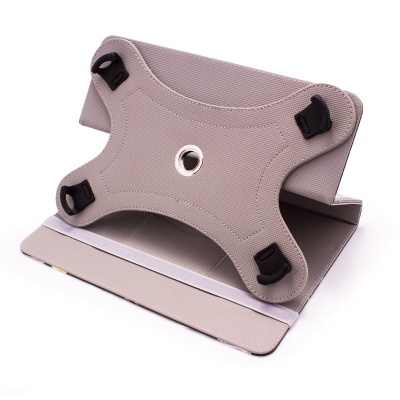 Suporte cinza para tablet com presilhas e buraco metálico ao centro