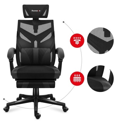 Cadeira ergonómica de escritório preta com encosto de cabeça e malha respirável.