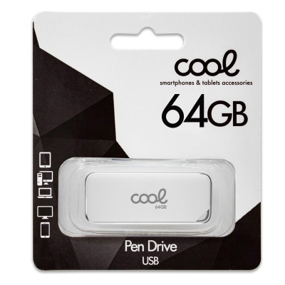 Pen drive USB branco de 64GB da marca cool em embalagem preta e branca