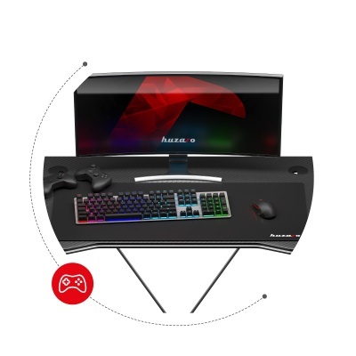 Mesa gaming com teclado RGB, rato, comandos e monitor curvo