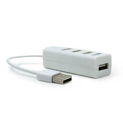 Hub USB branco com quatro portas e cabo USB
