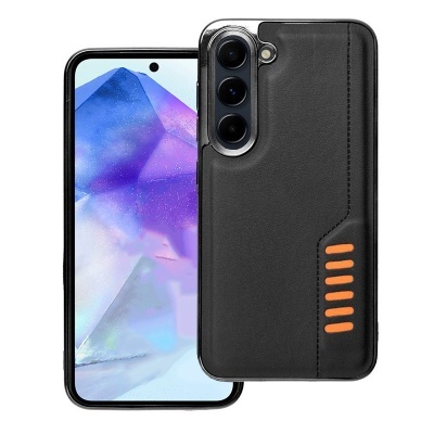 Smartphone com capa preta e detalhes laranja a mostrar frente e traseira