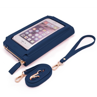 Carteira azul escura com visor transparente para telemóvel e alças destacáveis