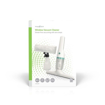 Embalagem de aspirador de janelas Nedis com acessórios e texto em inglês.