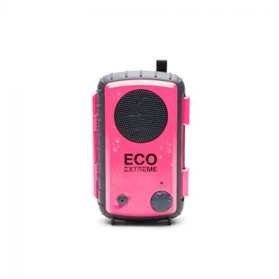 Coluna portátil rosa e cinza com texto ECO EXTREME