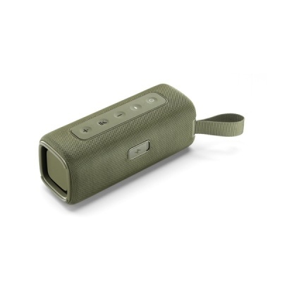 Coluna portátil verde com botões de controlo e alça lateral