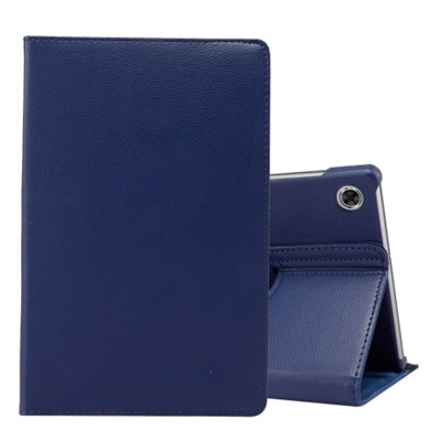 Capa azul escura para tablet com suporte ajustável e recorte para câmara