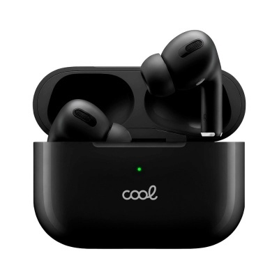 Auriculares sem fios pretos com estojo de carregamento brilhante e texto cool