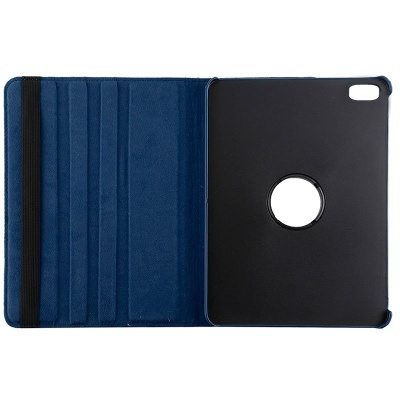 Capa para tablet azul e preta aberta em fundo branco