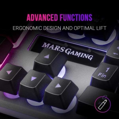 Close-up de teclas de teclado gaming preto com iluminação roxa e tecla 'MARS GAMING' visível