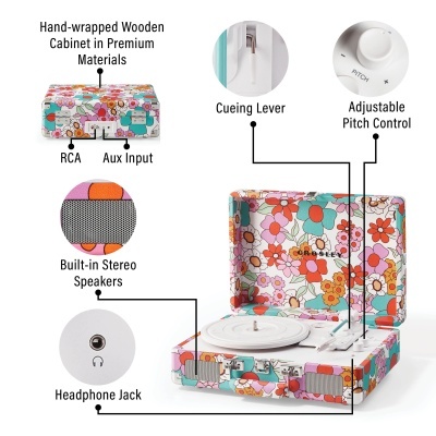 Giradiscos portátil colorido com padrão floral e várias funcionalidades