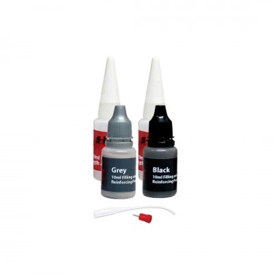 Frascos de tinta ou cola de 10ml cinzento e preto com tampas aplicadoras, outros frascos brancos e bico aplicador extra