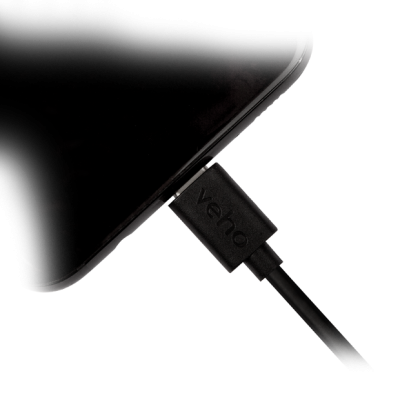 Cabo de carregamento Veho preto ligado a dispositivo móvel preto