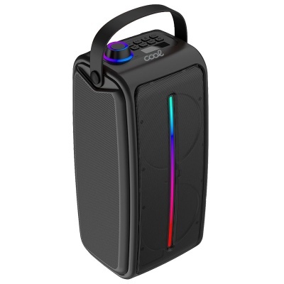 Coluna de som portátil preta com luz LED colorida e alça