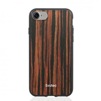 Capa de smartphone com padrão de madeira e texto Evutec