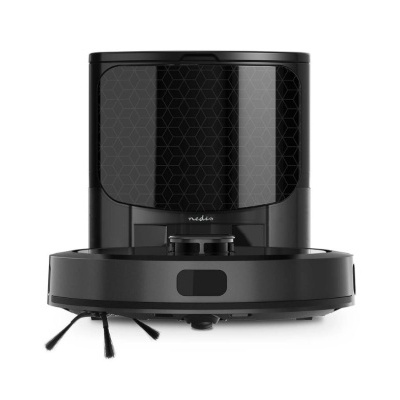 aspirador robô preto com padrão geométrico no painel superior