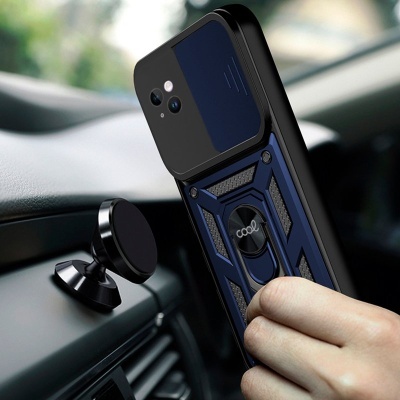 Capa de telemóvel azul escura e preta com anel e suporte magnético no carro