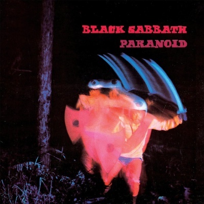 Capa de álbum Black Sabbath Paranoid com figura em movimento a segurar escudo e espada