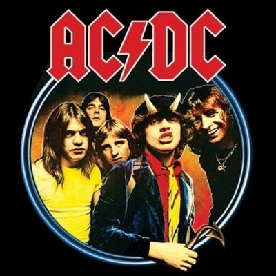 Foto da banda AC/DC com texto vermelho em fundo preto