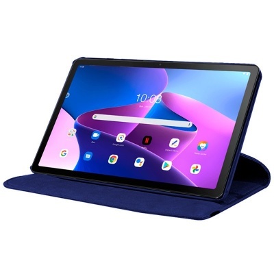 Tablet digital numa capa suporte azul escuro