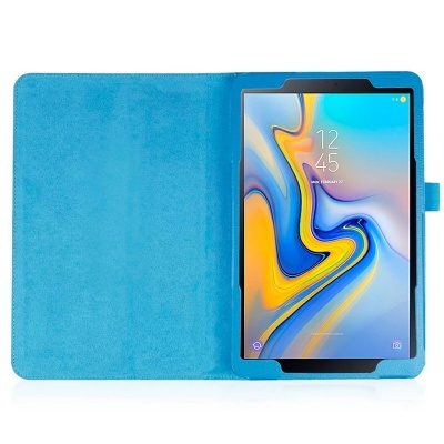 Capa protetora azul para tablet aberta com ecrã ligado