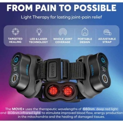 Dispositivo preto portátil com luzes LED vermelhas para terapia de luz, alça ajustável, texto em fundo azul roxo.