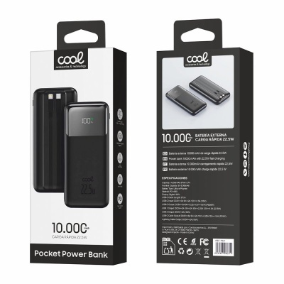 Embalagem de power bank preto com ecrã digital e cabos integrados da marca Cool