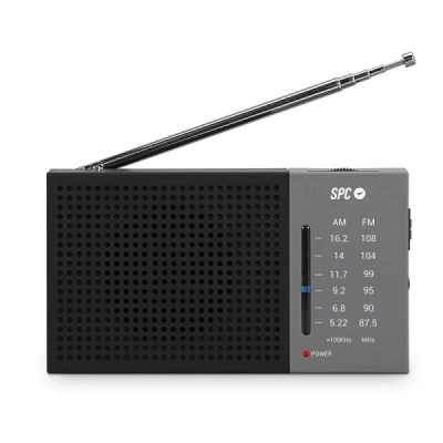 Rádio preto compacto SPC com antena telescópica e escala AM-FM