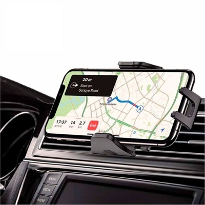 Suporte telemóvel preto preso a ventilação de carro com telemóvel e mapa