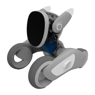 Robô cinzento e preto com rodas redondas e ecrã preto