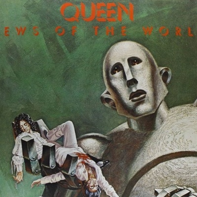 Capa de álbum de vinil Queen News of the World com robô segurando duas figuras humanas.