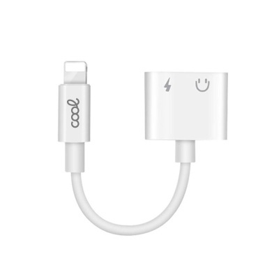 Adaptador branco para carregamento e áudio com conector Lightning e duas saídas USB