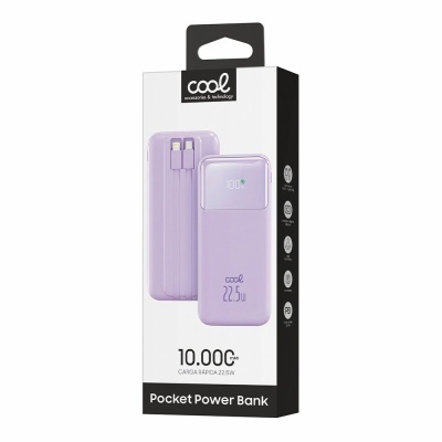 Embalagem de power bank lilás com capacidade 10.000 mAh e carga rápida 22,5W