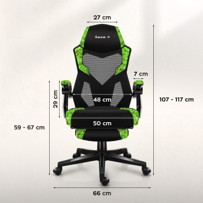 Cadeira de escritório ou gaming preta com detalhes em padrão pixel verde e cinza e marca huzaro