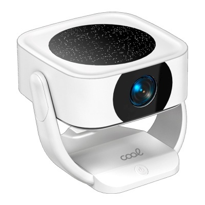 Câmara de vigilância branca com lente azul e base ajustável