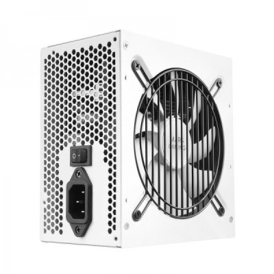 Fonte de alimentação de computador branca com ventoinha e conector de energia