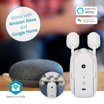 Dispositivo de segurança branco com antenas e altifalante cinzento compatível com Alexa e Google Home