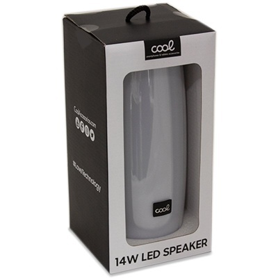 Coluna branca LED de 14W na embalagem preta e branca com texto COOL