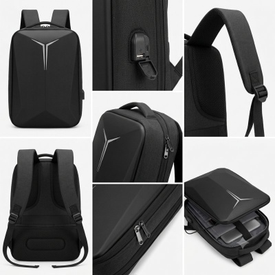 Mochila preta com superfície rígida em forma de polígono e alças acolchoadas