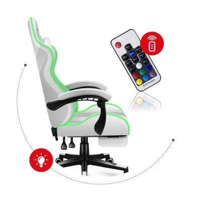 Cadeira gaming branca com iluminação LED e controlo remoto