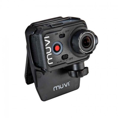 Câmara de ação preta MUVI com botão vermelho e lente